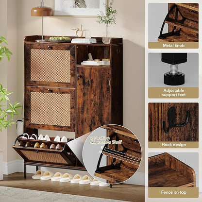 Rattan Wooden Shoe Cabinet, Freestanding 3-Flip Drawer Shoe Storage Organizer, Side Cabinet & Top Fence, Easy Assembly Shoe Rack for Entryway Hallway Living Room, Brown