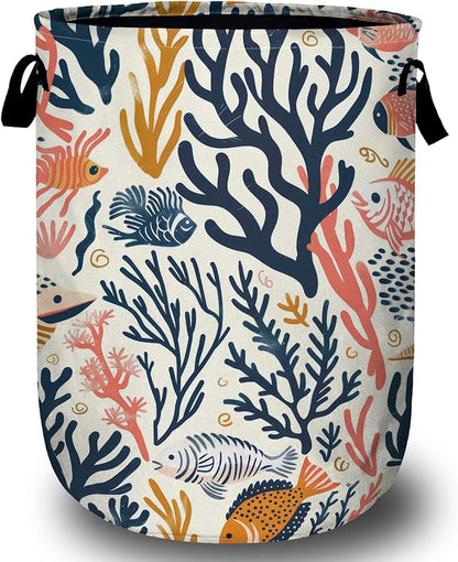 Corals and Tropical Fish Laundry Basket, Laundry Hamper Collapsible Oxford Cloth with Handle Clothes Toy Storage Bin for Bathroom Laundry Room Bedroom 15.7 X 20 Inch