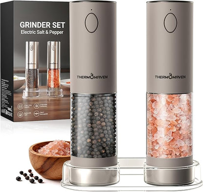 ThermoMaven Electric Salt and Pepper Grinder Set, 110ml Larger Rechargeable Automatic Salt and Pepper Mill Grinder with 6 Adjustable Coarseness, Electric Salt and Pepper Shakers, LED, Greige