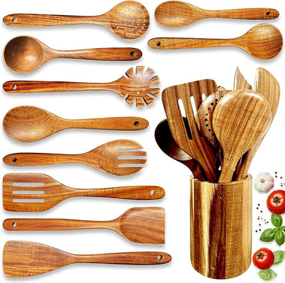 Home Hero Wooden Utensil Set 11 Pcs – Natural Teak Wooden Kitchen Utensils Set with Sturdy, Easy-to-Clean Wooden Spoons for Cooking – Non-Scratch Teak Cooking Utensils (11 pcs)