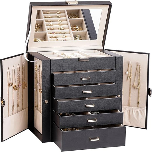 BOOVO Jewelry Box For women, 6 Layer Large Jewelry Organizer With Mirror, Multi-Function Storage Box, Necklace Holder With 5 Drawers, For Earrings Necklace Bracelet (Gold and Black)