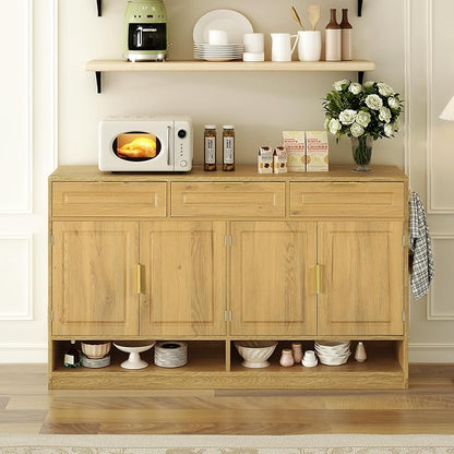 Sideboard Cabinet with 3 Drawers, 59.1" Multi-Functional Sideboard Buffet Cabinet with Storage, Buffet Table with Adjustable Shelf for Dining Room, Living Room, Entryway, Natural