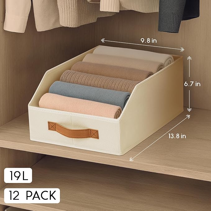 Homsorout Fabric Storage Bins for Organizing - 12 Pack Large Trapezoid Collapsible Storage Bins with Front Handle, Closet Organizers and Storage for Bedroom, Home Shelves, Small Spaces, Beige