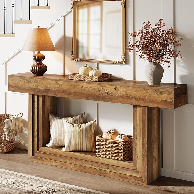 Tribesigns 63" Narrow Console Table, 2-Tier Long Entryway Table with Framed Base, Farnhouse Console Behind Couch for Living Room Hallway, Brown