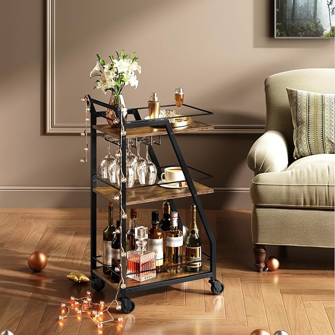Bar Cart, Bar Cart for The Home, Small Bar Cart on Wheels, Beverage Cart, Home Bar Serving Cart with Glass Holder, Drink Cart for Bar, Kitchen, Rustic Brown and Black BC03BR