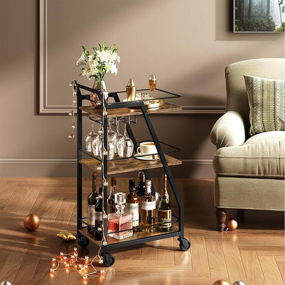 Bar Cart, Bar Cart for The Home, Small Bar Cart on Wheels, Beverage Cart, Home Bar Serving Cart with Glass Holder, Drink Cart for Bar, Kitchen, Rustic Brown and Black BC03BR