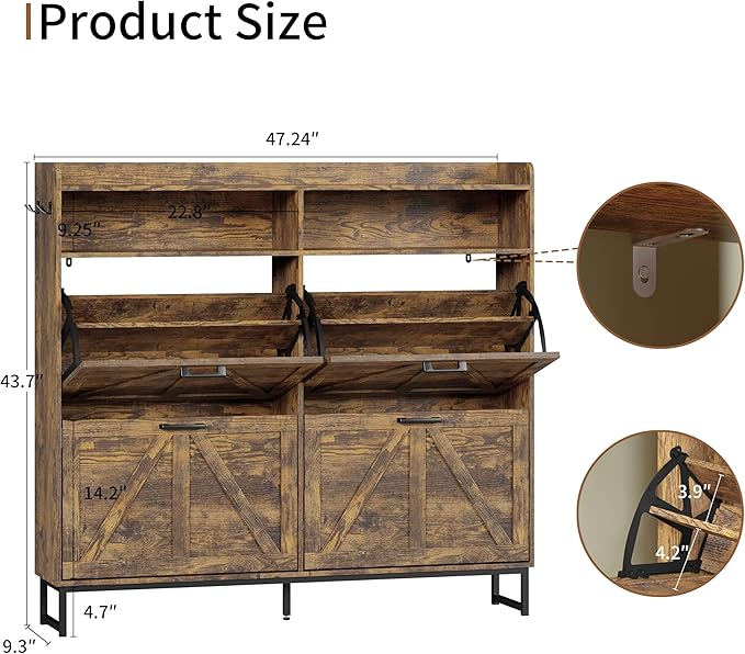 Shoe Cabinet with 4 Flip Drawers, Freestanding Hidden Shoe Storage Organizer for Entryway, Narrow Slim Shoe Rack Cabinet with Open Storage & Hooks for Front Door Entrance, Living Room, Hallway, Brown