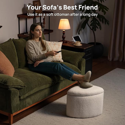 Round Coffee Table with Stools Underneath, Wood Ottoman Coffee Tables with 4 Boucle Storage Ottomans & Seats, Mid-Century Modern Coffee Table with Chairs for Living Room, Small Space, Natural&White