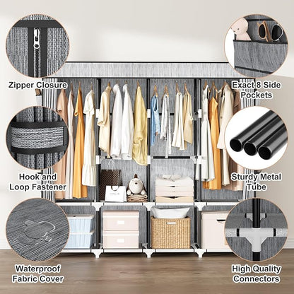 Portable Closet for Hanging Clothes, 67 Inch Wide Portable Wardrobe Closet with Cover, 4 Hanging Rod, Storage Shelves and Side Pockets, Large Free Standing Closet for Bedroom, Printing