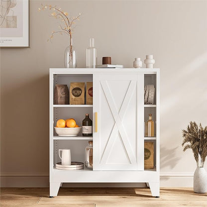 COFaR White 37" H Sliding Door Storage Cabinet, Half Open Half Closed Design, 3-Tier Kitchen Organizer with Adjustable Shelves, 150 lbs Top, Metal Coffee Bar & Buffet Sideboard for Dining Room