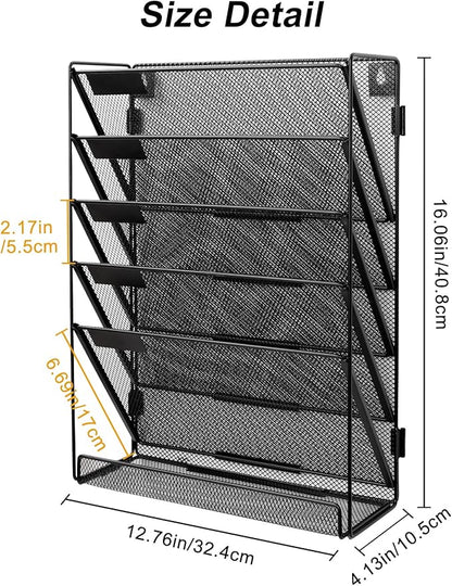 EasyPAG Mesh Wall File Organizer 5 Tier Letter-Sized Assemble Desk/Wall Mount File Holder Mail Organizer for Office Home and Classroom, 2 Pack Black