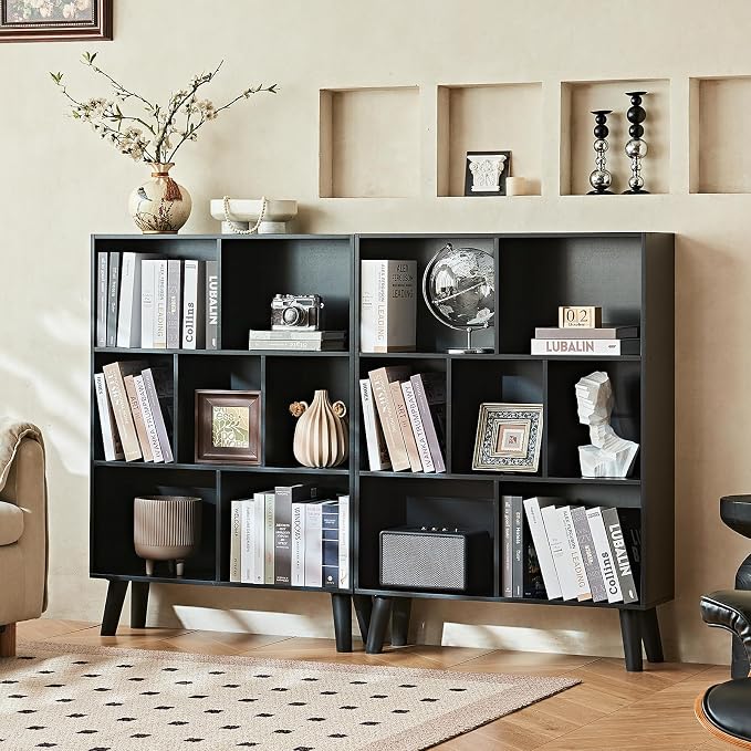 LEYAOYAO 7 Cube Black Bookshelf, 3 Tier Modern Bookcase with Legs, Wood Cubeicals Organizer Storage Open Shelves, Retro Display Book Shelf, Freestanding Short Book case for Bedroom,Living Room,Office