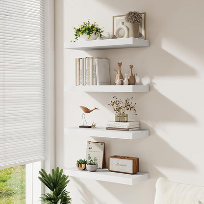 Floating Shelves for Wall, 66 Inch Floating Shelves Set of 2, Wall Mounted Rustic Wood Shelf for Bathroom, Living Room, Bedroom and Kitchen, Hanging Shelf for Storage, Books, Home Decor, White