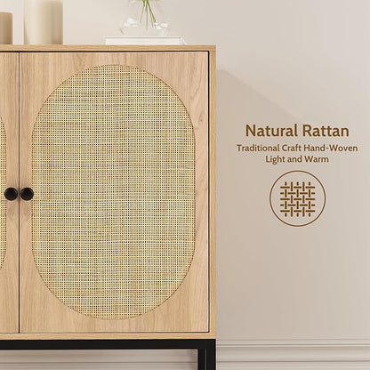 Yechen Set of 2 63" Sideboard Cabinet with Natural Rattan Hand-Woven Doors, Rattan Cabinet, Accent Buffet Storage Console Cane Credenza, for Living Room Entryway, Metal Legs/Natural