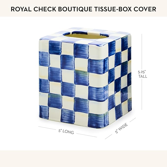 MACKENZIE-CHILDS Tissue-Box Cover, Tissue Holder for Home Decor, Blue-and-White Royal Check, Square