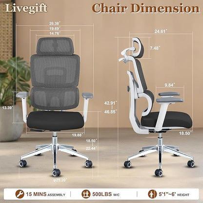 Ergonomic Office Chair with Lumbar Support,Headrest, and6D Armrests - Mesh Computer Chair with Coat Hook-500 lbsWeight Capacity - Extra-Wide Seat- High-Back Office Chair, Black