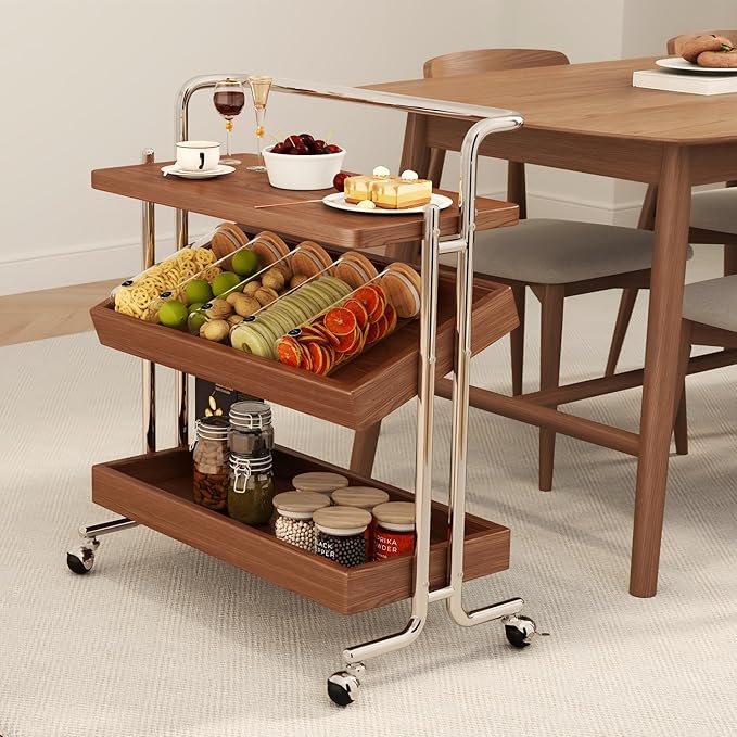 Solid Wood Rolling End Table Cart with Adjustable Storage - 3-Tier Stainless Steel Fame Side Table on Wheels Narrow Bedside Storage Table Small Bar Serving Cart for Living Room