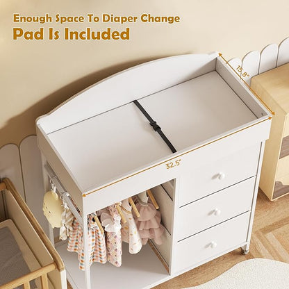 DTK Changing Table Dresser with Clothing Rack and Storage Shelf,3-Drawer Baby Dresser with Changing Table Top,Diaper Changing Station with Waterproof Pad,Mobile Dresser for Nursery,White