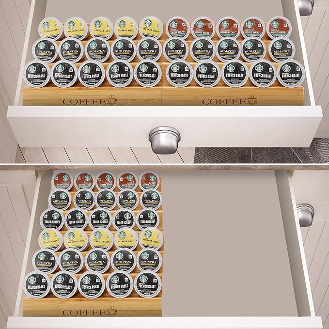 MinBoo Bamboo 2-Piece Step-Shaped K-Cup Holder Drawer or Countertop Organizer for Coffee Station - Holds 30 Coffee Pods