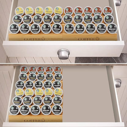 MinBoo Bamboo 2-Piece Step-Shaped K-Cup Holder Drawer or Countertop Organizer for Coffee Station - Holds 30 Coffee Pods