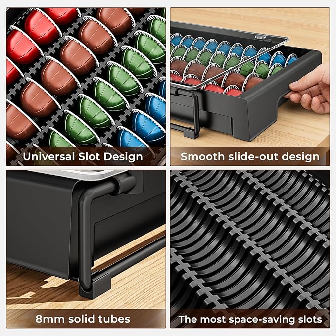EVERIE Nespresso Vertuo Pod Holder Drawer, Coffee Pod Organizer with Universal Slots, Holds 40 Large or 52 Small Capsules, Tempered Glass Top Storage Drawer for Coffee Makers, 12" x 16.5" x 3.5"