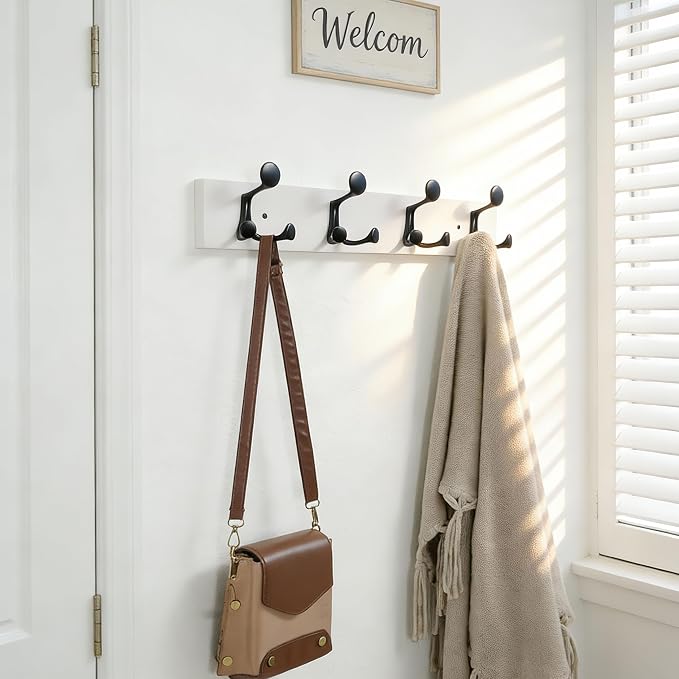 SKOLOO 24-Inch White Wood Coat Rack Wall Mount with 4 Triple Hooks - Ideal for Family Entrances, Classrooms, and Pet Supplies Storage - Perfect Coat Hooks for Wall