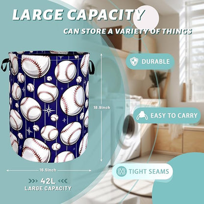 Baseball Pattern Laundry Basket Baseball Laundry Hamper Foldable Oxford Cloth Sports Funny Tote Bag Clothes Toy Storage Bucket For Bathroom/Laundry Storage/Bedroom 18.9 x 16.5 Inch