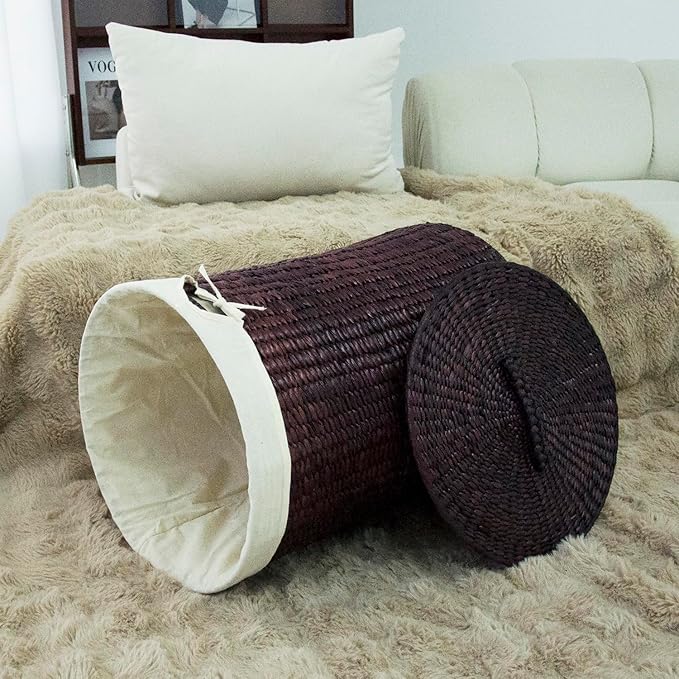 Hand Woven Laundry Basket with Lid,21-Inch Laundry Hamper with Removable Liner for Laundry and Elegant Storage,Dark Coffee