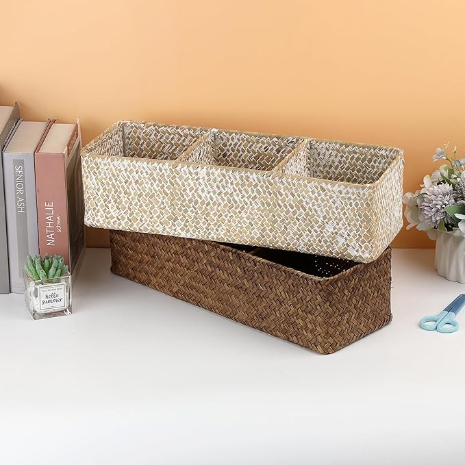 Hipiwe Handwoven Wicker Storage Box 3 Sections Seagrass Basket Bin Toilet Paper Holder for Bathroom Shelf Organizer for Kitchen Living Room, Coffee Color
