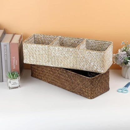 Hipiwe Handwoven Wicker Storage Box 3 Sections Seagrass Basket Bin Toilet Paper Holder for Bathroom Shelf Organizer for Kitchen Living Room, Coffee Color