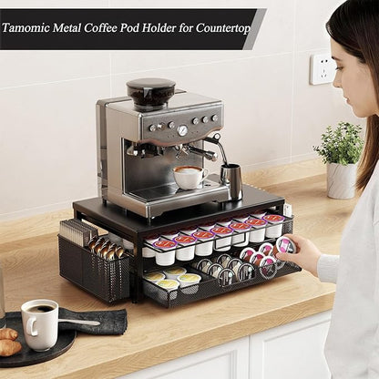 Metal Coffee Pod Holder for 80 Capsules with Storage Drawer & 2 Accessory Holders,2 Tier K Cup Holder Organizer for Countertop,Black