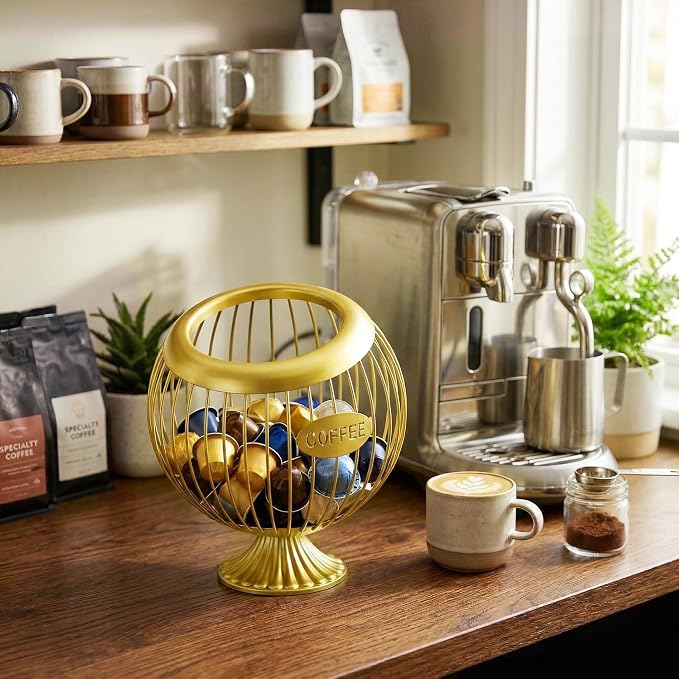 AIYICIII Tall Coffee Pod Holder with Base - Large Capacity Keurig K-Cup & Nespresso Vertuo Organizer, Metal Coffee Pod Storage, Coffee Bar Accessories and Decor (Tall - Gold)