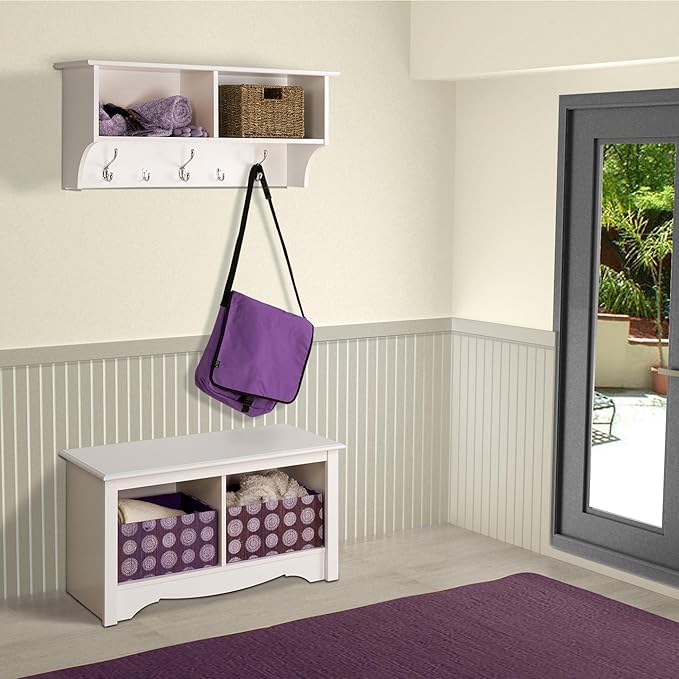 Prepac 36" Contemporary Wall Mounted Coat Rack, Coat Hooks Wall Mount with 2 Shelves, Ideal for Hallway or Entryway Hanging Solution, 11.5"D x 36"W x 16.5"H, White