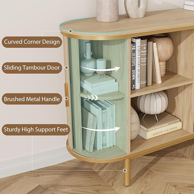 QUW Console Table with Sliding Tambour Doors, 47" TV Stand with Storage & Adjustable Open Shelves for TVs up to 55", Modern Entryway Table for Living Room, Foyer, Hallway, Natural Oak