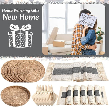 6 Sets Boho Decoration Placemats Round Woven Placemats, Cloth Napkins, Wood Bead Napkin Rings, Long Table Runner and Farmhouse Burlap Cotton for Table Kitchen (Gray,12x72)