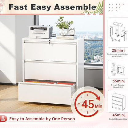 Superday Lateral File Cabinet 3 Drawer Metal File Cabinet with Lock, White Filing Cabinets for Home Office, Locking Filing Cabinets Hanging Files Letter/Legal/F4/A4