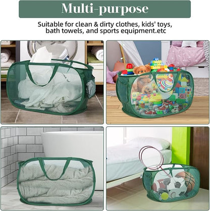 Sturdy Mesh Pop Up Laundry Hamper, Collapsible Laundry Baskets with Side Pocket, Foldable Clothes Hamper with Reinforced Carry Handles for Laundry, Bathroom, Kids Room, Dorm or Travel Emerald