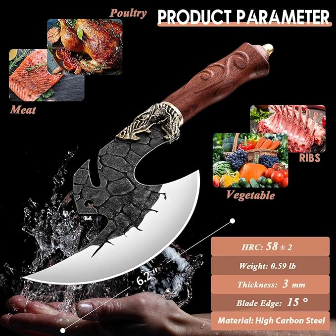 ROCOCO Viking Cleaver Knife Birthday - Butcher Meat Cutting Boning Knife Hand Forged Chinese Kitchen Axe with Sheath Home Outdoor BBQ Camping Chirstmas Mother Father Gift Men