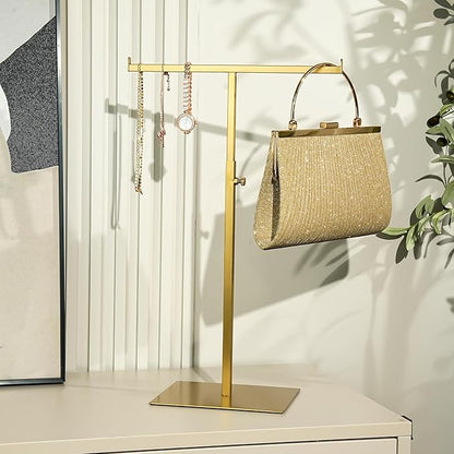 Display Stand Stainless Steel Jewelry Towers Bag Stand Tabletop Double Hook Hanging Jewelry Stands for Necklaces Organizer Stand Adjustable Height Home Store Boutique, Gold