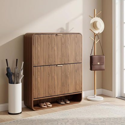 Narrow Shoe Cabinet with 2 Flip Drawers, Fluted Shoe Storage Cabinet for Entryway, Slim Hidden Shoe Rack Organizer for Hallway, Entrance, Foyer, Freestanding, Walnut