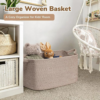 Goodpick Large Woven Storage Basket, 21.6" x 14.9" x 11.8" Blanket Basket for Living Room, Bedroom, Rectangle Rope Storage Organizer for Clothes, Toys, Brown