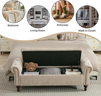 58.1" Storage Bench Upholstered Chenille End of Bedroom Bed Bench Ottoman with Tufted Cushioned Rolled Arm Large Storage Space for Reading Living Room Entryway, Light Brown