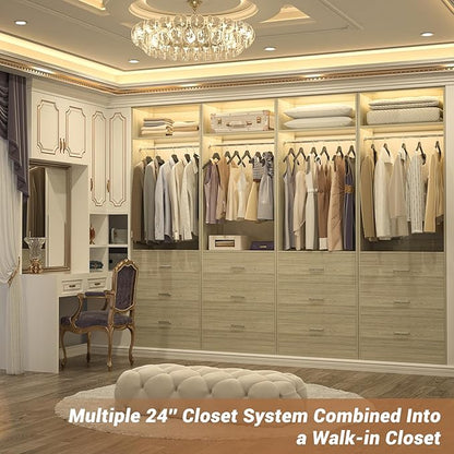 Freestanding 2FT Closet System with 3 Wood Drawers, 24" Closet Organizer System with Hanging Rod & Shelves, Walk-in Closet Systems for Small Closet, White Oak (24"L*15"W*80"H)