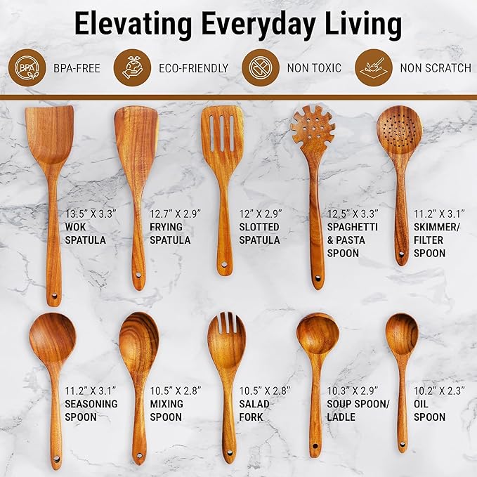 10 Piece Teak Wood Utensil Set - Non-Toxic, Ultimate Kitchen Cooking Spoons & Spatulas for Nonstick Cookware - Includes Pasta Spoon, Ladle & Skimmer - Premium Wooden Utensil Gift Set