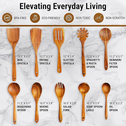 10 Piece Teak Wood Utensil Set - Non-Toxic, Ultimate Kitchen Cooking Spoons & Spatulas for Nonstick Cookware - Includes Pasta Spoon, Ladle & Skimmer - Premium Wooden Utensil Gift Set