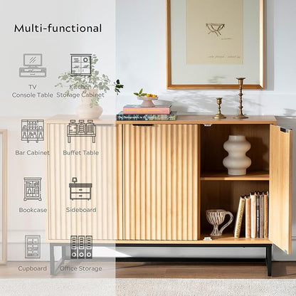 Fluted Storage Cabinet with 3 Doors, Sideboard Buffet Cabinets, Modern Accent Cabinets with Adjustable Shelves, Wooden Credenza Console Table Cabinet for Living Dining Room, Natural Oak
