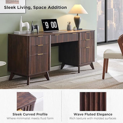 T4TREAM Fluted Executive Desk with Drawers, 60" Modern Home Office Computer Desk with Charging Station, File Cabinet, Keyboard Tray and Storage Cabinet for Study, Living Room, Bedroom, Dark Walnut