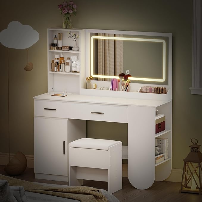 GOODONE 47'' Wood Vanity Desk with Mirror and Lights, Makeup Girls Vanity Set with 2 Drawers, 2 Storage Shelves & 1 Cabinet, Power Outlet, Stool, Dressing Table for Bedroom, White