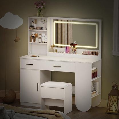 GOODONE 47'' Wood Vanity Desk with Mirror and Lights, Makeup Girls Vanity Set with 2 Drawers, 2 Storage Shelves & 1 Cabinet, Power Outlet, Stool, Dressing Table for Bedroom, White