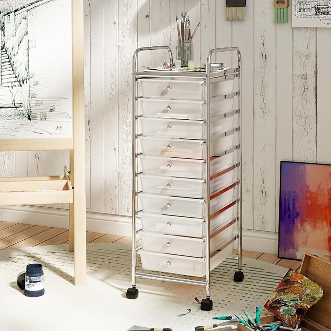RELAX4LIFE 10-Drawer Rolling Storage Cart, Utility Cart with Metal Frame, Lockable Wheels & Removable Drawers, Multipurpose Art Craft Organizer for Home Office Classroom (Clear)